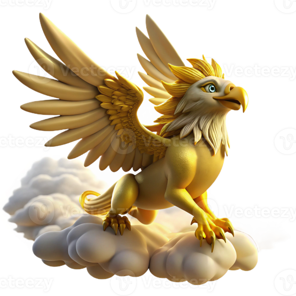 beautiful contemporary A majestic griffin with golden feathers and piercing eyes, soaring through the clouds, under bright, sunlight lighting. Style Made in Abyss original png