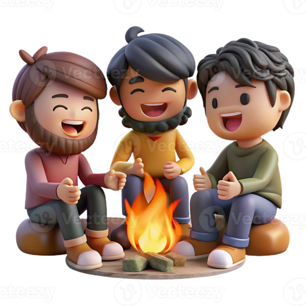 dramatic creative A group of friends, each with unique hairstyles and outfits, laugh together around a campfire. Warm, firelight lighting, slice-of-life anime style exclusive png