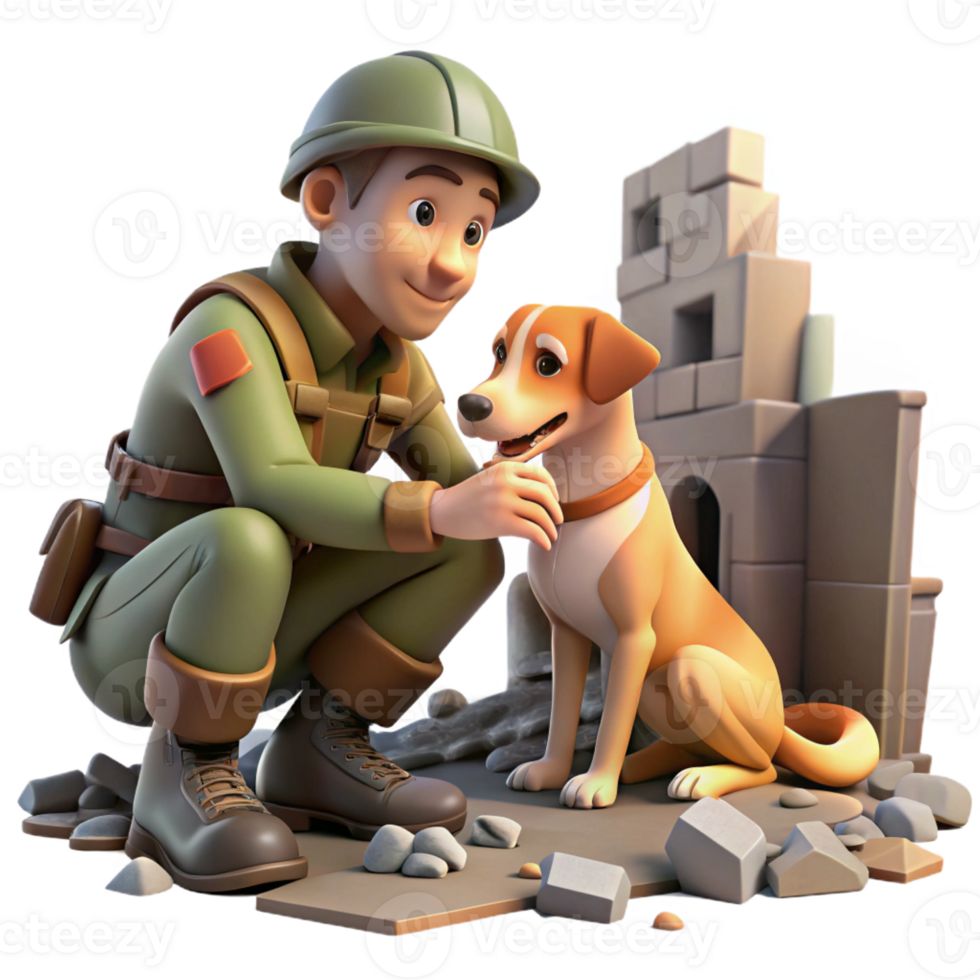 stunning creative A soldier shares a moment of camaraderie with a stray dog amidst the ruins. Touching composition, heartwarming style exclusive png