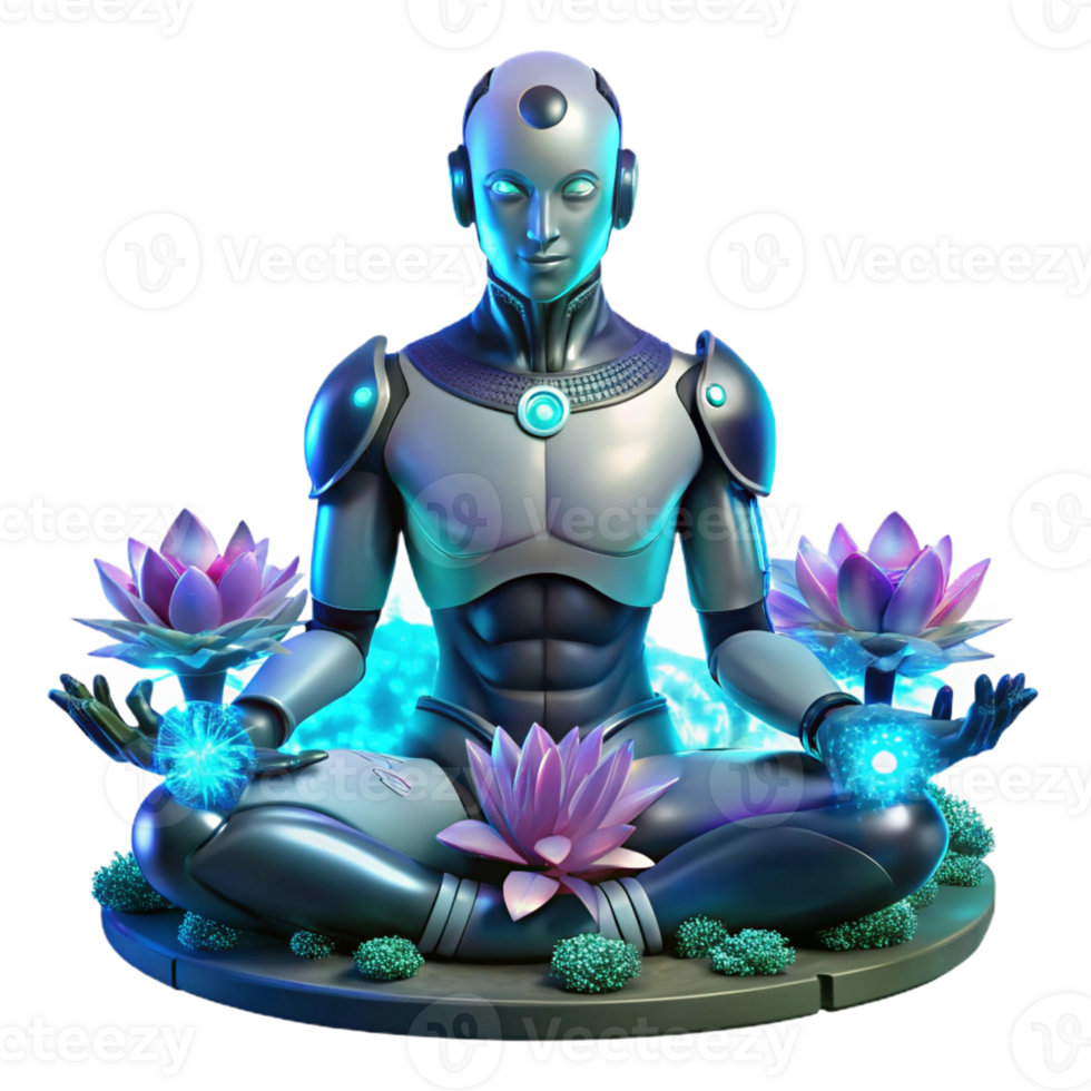 vibrant abstract A cyborg with intricate mechanical augmentations, meditating amidst a field of glowing, bioluminescent flora on an alien planet. Warm, ethereal lighting, cyberpunk style premium png