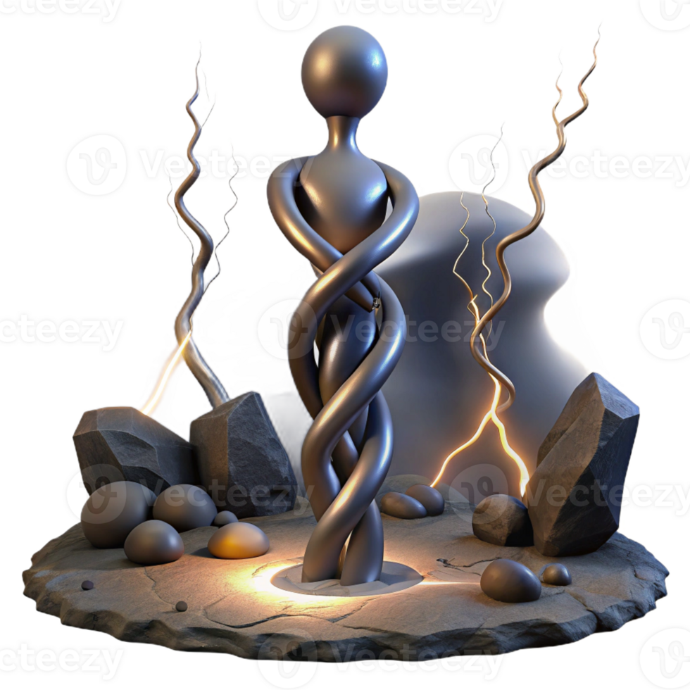 elegant abstract A twisted metal sculpture resembling a human figure, standing amidst a desolate landscape, lit by a lightning strike. Dark, surreal, and abstract style genuine png