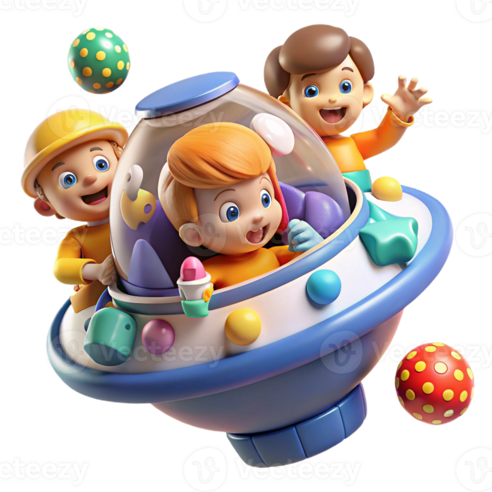 beautiful contemporary A group of children playing in a zero-gravity environment inside a spaceship, surrounded by floating toys. Bright, playful lighting, cartoon style genuine png