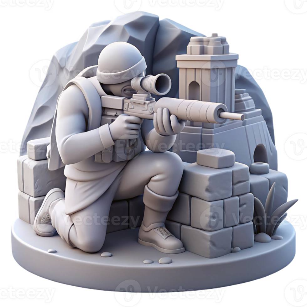 wonderful creative A lone sniper, camouflaged amongst the ruins, takes aim through a high-powered scope. Cool, desaturated colors, tactical realism style detailed png