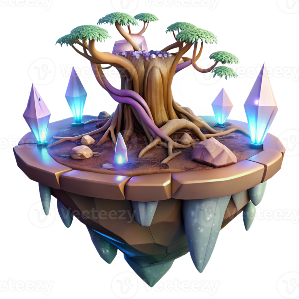 elegant modern A floating island made of intertwined tree roots, cascading waterfalls, and glowing crystals, lit by the warm glow of sunrise, Fantasy Art style original png