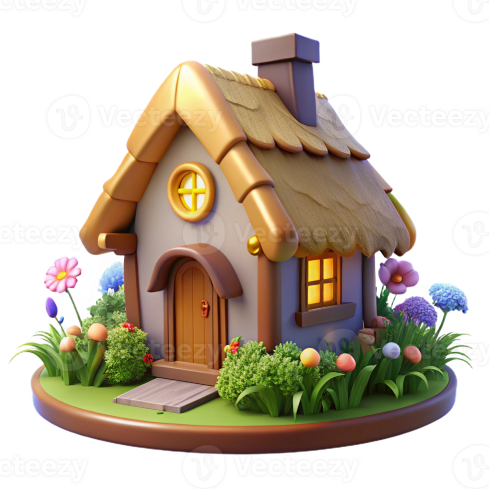 vibrant modern A traditional thatched roof cottage, surrounded by wildflowers, idyllic lighting, storybook style exclusive png