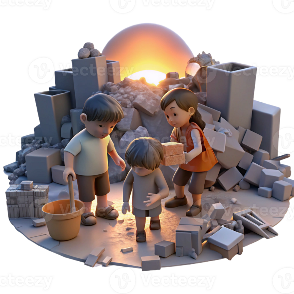 stunning modern A group of children scavenging for scraps in a bombed-out city, lit by the faint light of a dying sun, poignant and melancholic, high resolution png