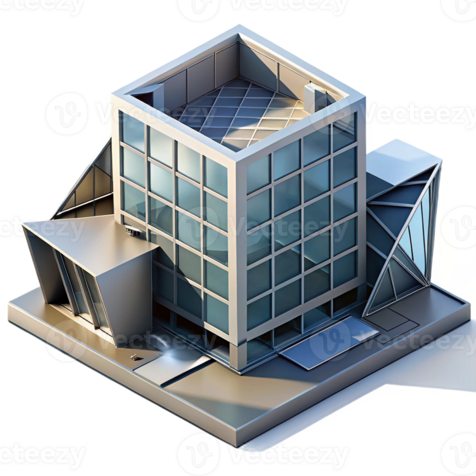 dramatic vintage Deconstructivist office building, fragmented forms, sharp angles, metallic cladding, dramatic shadows, isometric view, high quality png