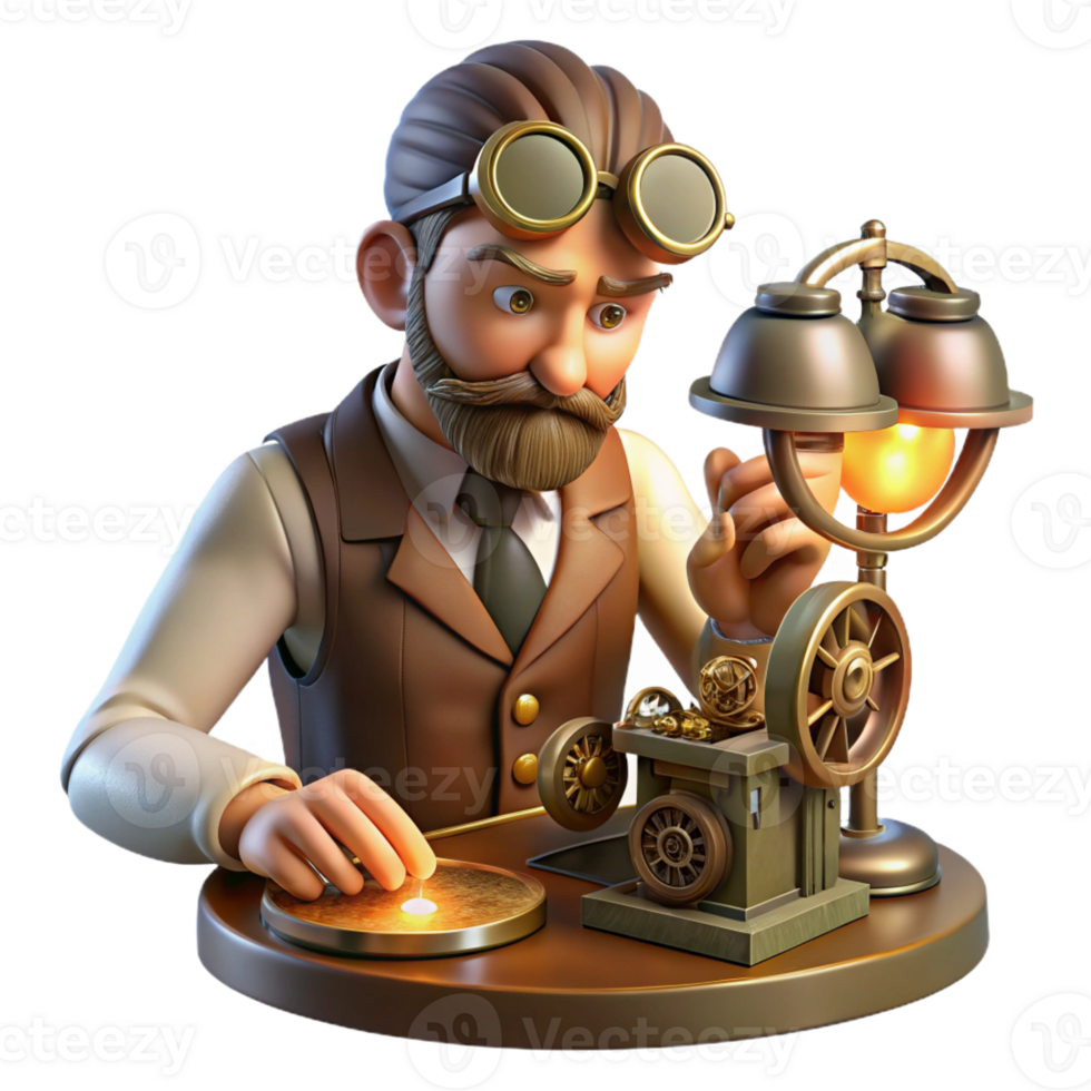 beautiful classic A portrait of a steampunk inventor meticulously working on a complex clockwork device, lit by a single desk lamp, chiaroscuro style detailed png