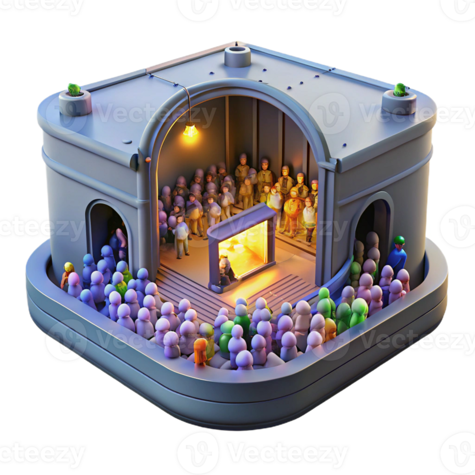 impressive contemporary A crowded underground bunker lit by flickering fluorescent lights, filled with desperate people, claustrophobic and tense, original png