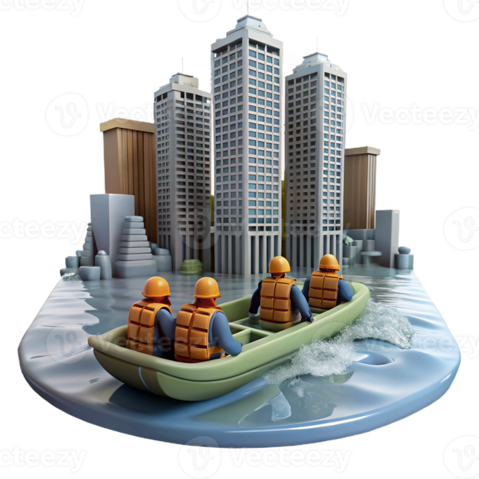 impressive modern A group of survivors sailing on a makeshift raft down a flooded river, past submerged skyscrapers. Dreary, overcast lighting, survivalist theme professional png