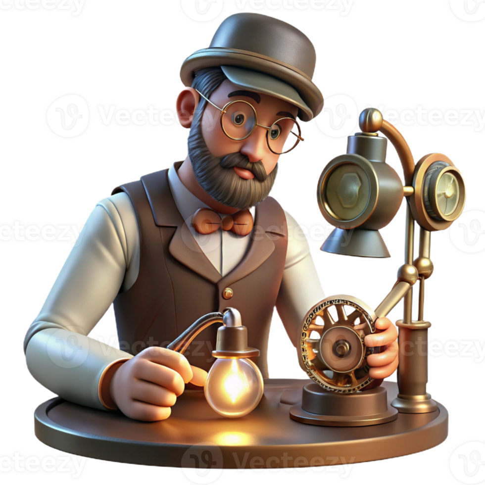 stunning vintage A portrait of a steampunk inventor meticulously working on a complex clockwork device, lit by a single desk lamp, chiaroscuro style high resolution png