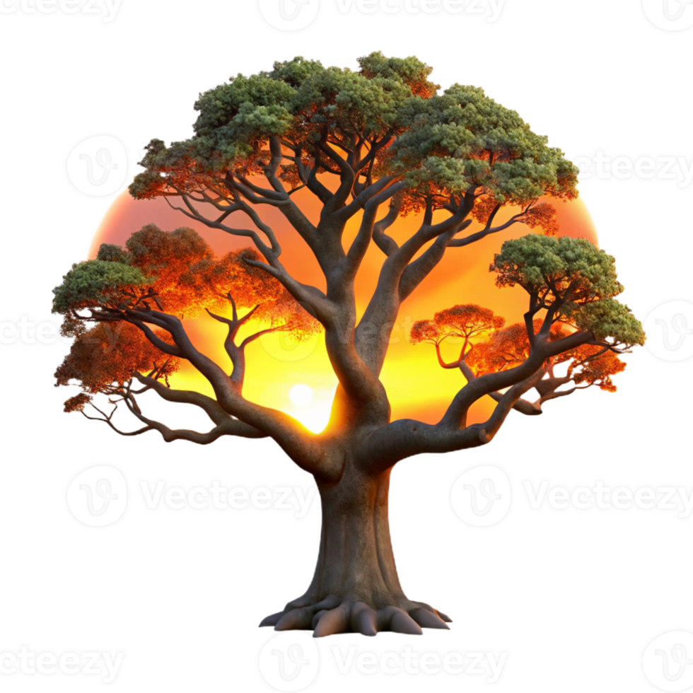 dramatic modern A gnarled, ancient oak tree silhouetted against a fiery sunset, its branches reaching towards the sky. Dramatic lighting, painterly style exclusive png