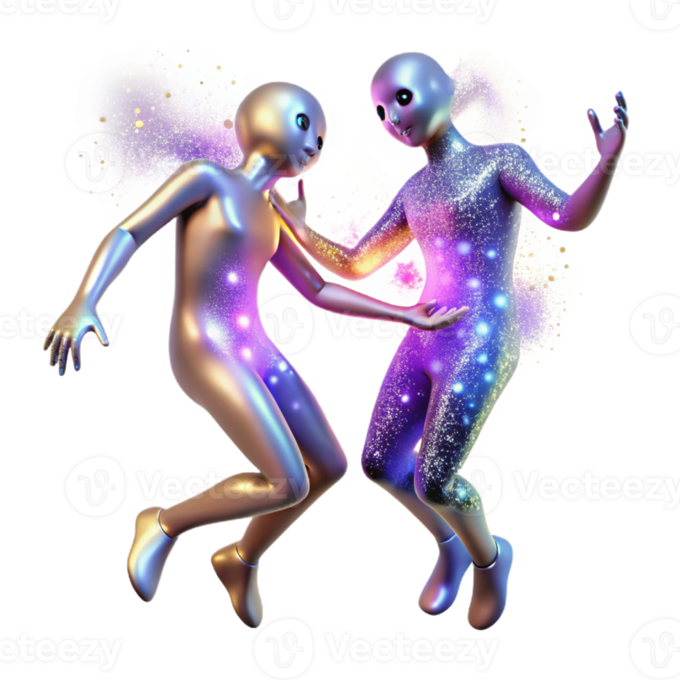 impressive abstract Two celestial beings, formed from pure light, engaged in a cosmic dance amidst a shower of shimmering stardust. Dreamlike, ethereal style high resolution png
