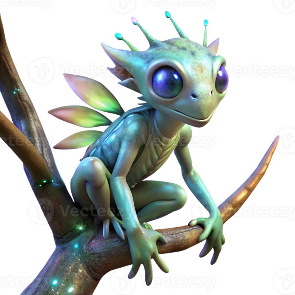 elegant creative An alien creature with shimmering, iridescent scales, perched on a branch of a bioluminescent tree. Warm, magical lighting, fantasy art style exclusive png