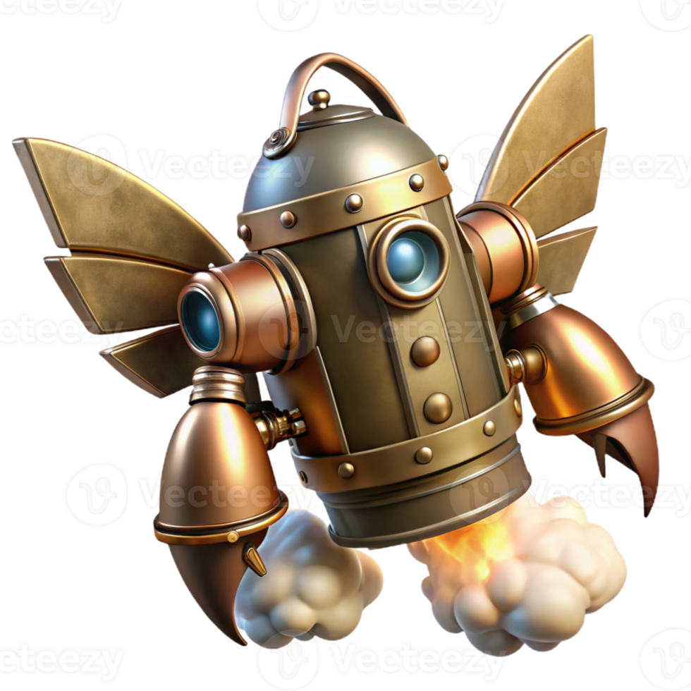 dramatic contemporary A steampunk jetpack with copper wings and steam-powered thrusters, emitting a trail of smoke, in a concept art style 4K png