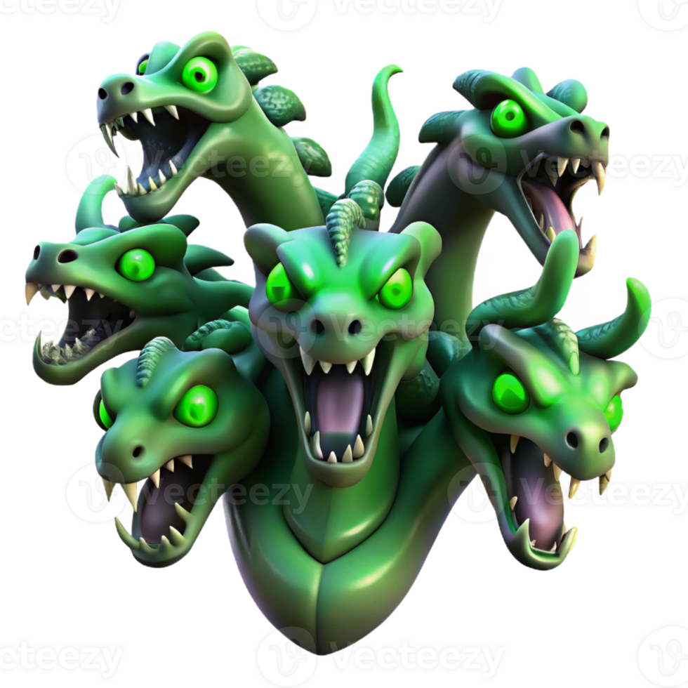 beautiful creative A powerful hydra with nine snarling heads, bathed in the eerie green glow of a swamp, dark fantasy art style high quality png