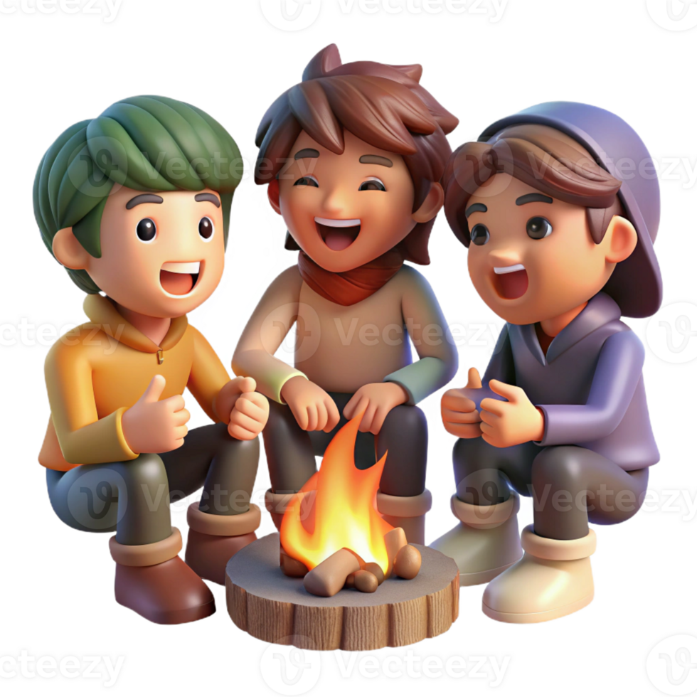 elegant creative A group of friends, each with unique hairstyles and outfits, laugh together around a campfire. Warm, firelight lighting, slice-of-life anime style detailed png