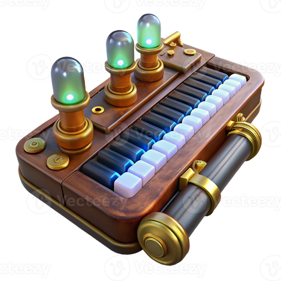 wonderful contemporary A steampunk keyboard with brass keys and glowing vacuum tubes underneath, lit from below, in a cyberpunk style high quality png