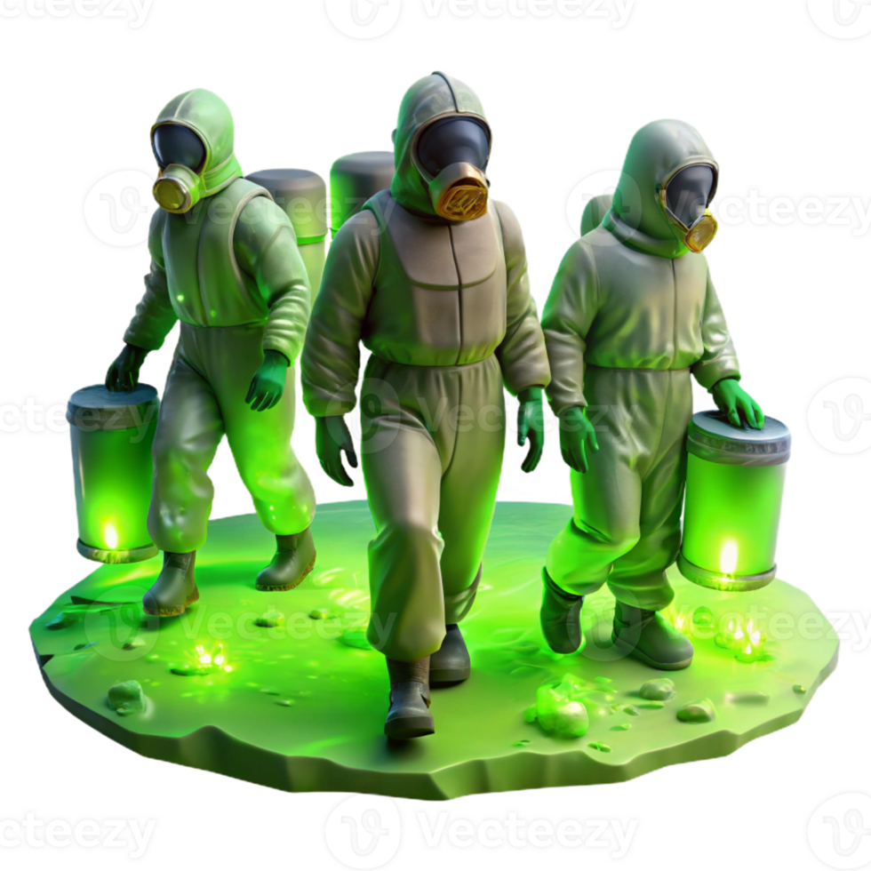 magnificent rustic A group of people wearing protective suits walking through a toxic wasteland, illuminated by the green glow of hazardous waste. Dark, apocalyptic, and realistic style high quality png