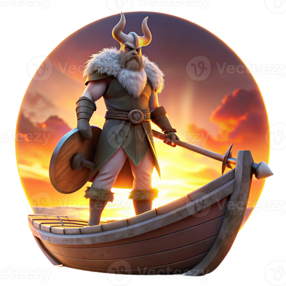 elegant modern A Viking warrior, clad in furs and wielding a battle-axe, stands on the prow of a longship, silhouetted against a fiery sunset. Epic, cinematic lighting original png