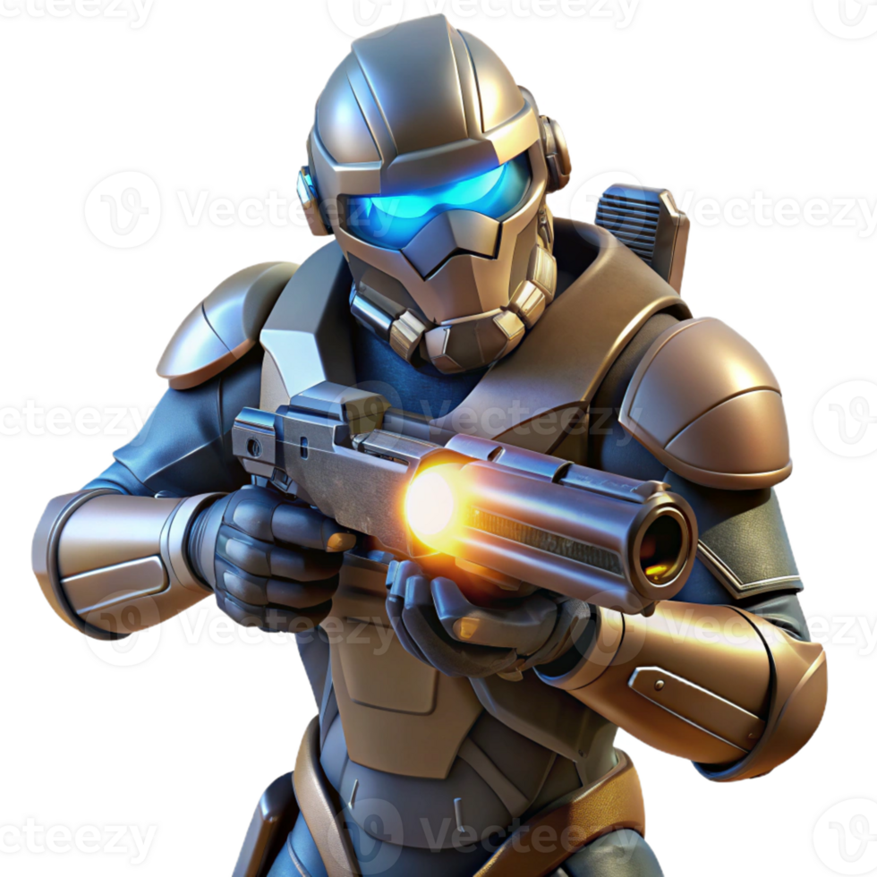 stunning traditional A futuristic soldier wearing powered armor, aiming a plasma rifle. Dramatic, spotlight lighting. Military sci-fi style high resolution png