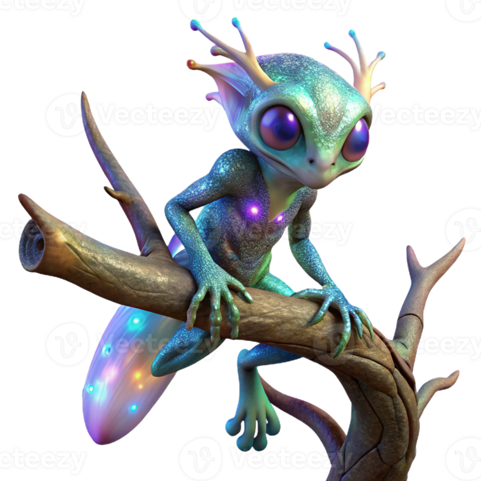 stunning contemporary An alien creature with shimmering, iridescent scales, perched on a branch of a bioluminescent tree. Warm, magical lighting, fantasy art style professional png