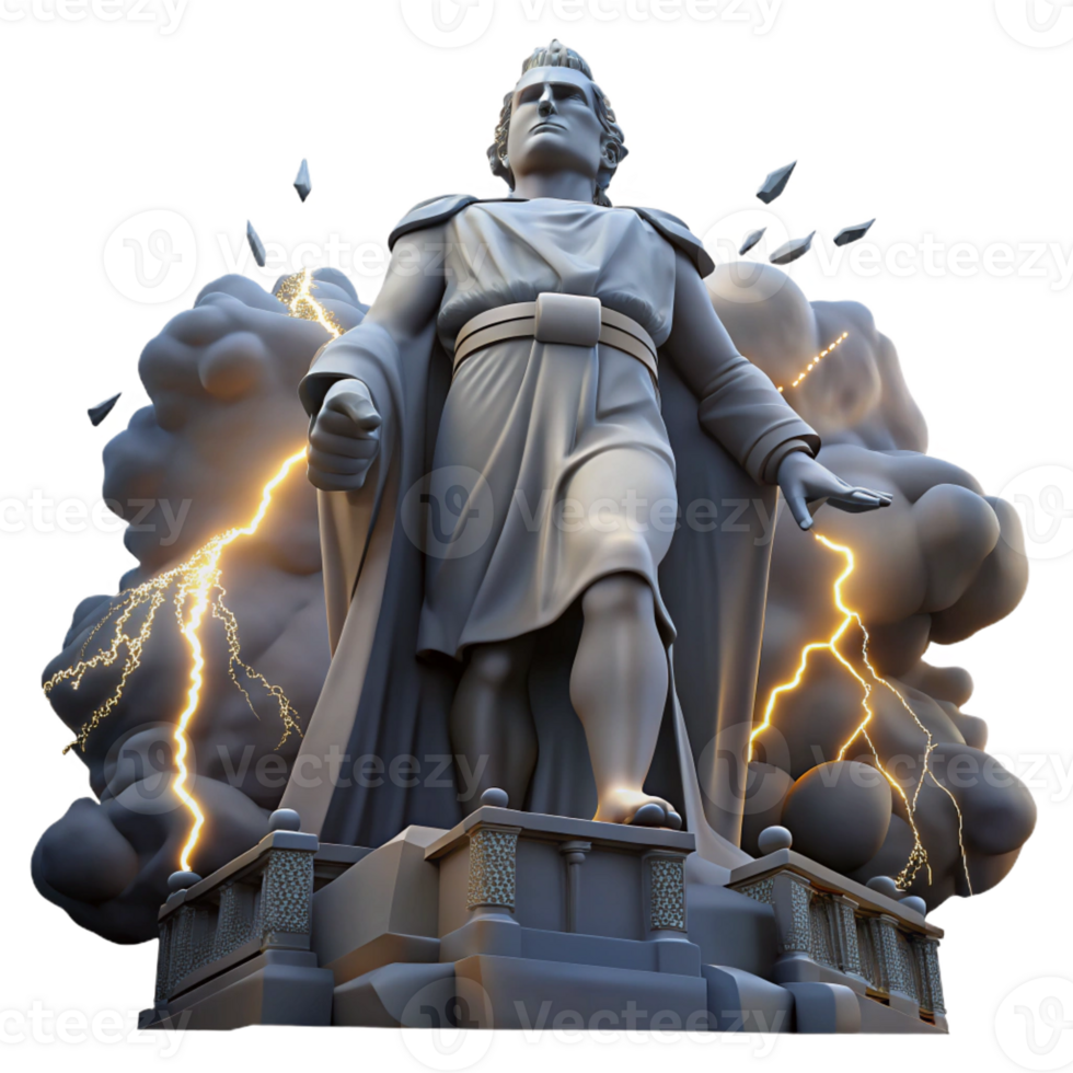 impressive classic A towering statue of a tyrannical leader crumbling under a stormy sky, dramatic and symbolic, lit by flashes of lightning, detailed png