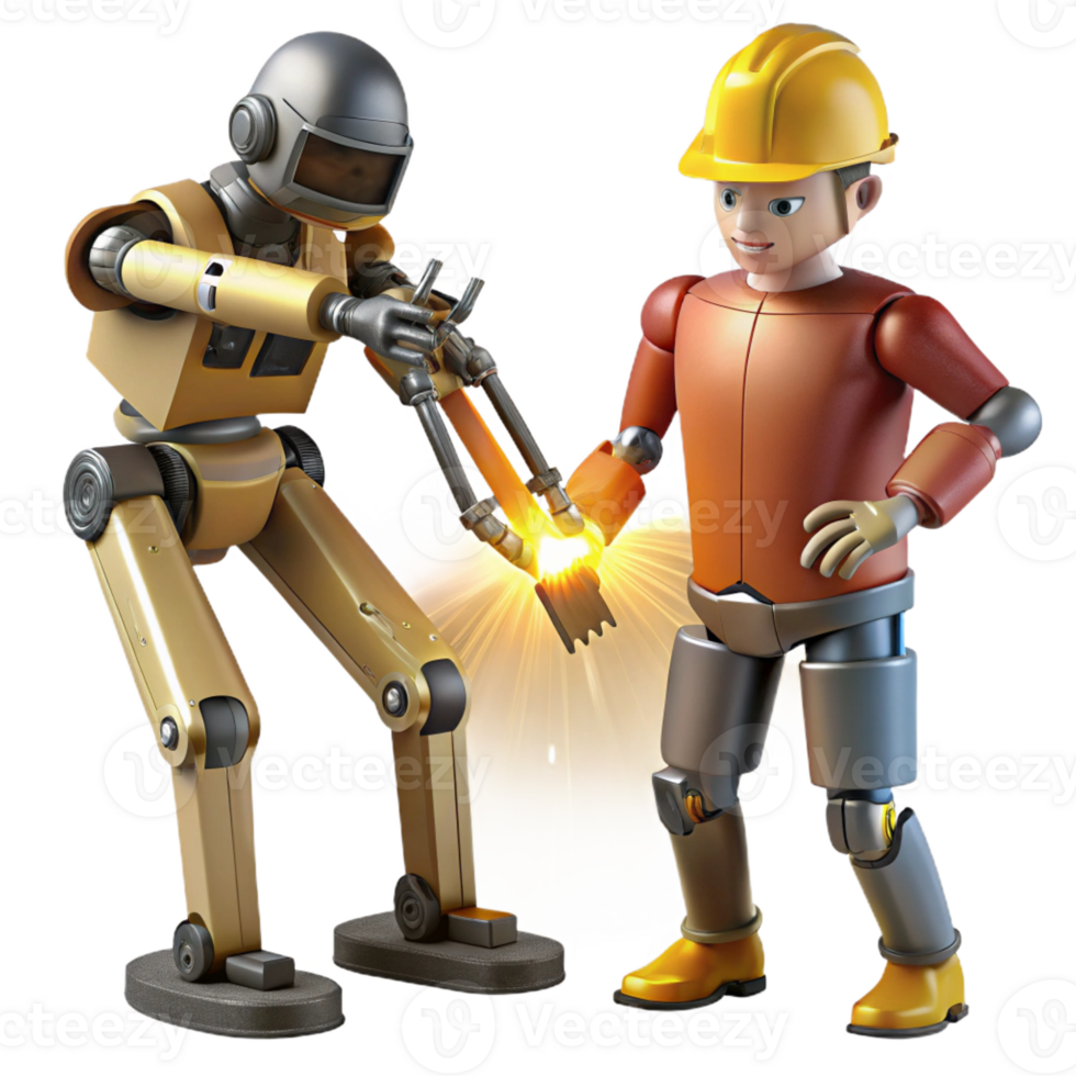 elegant creative A robotic exoskeleton assisting a construction worker, illuminated by the sparks of welding torches. Industrial photography style original png