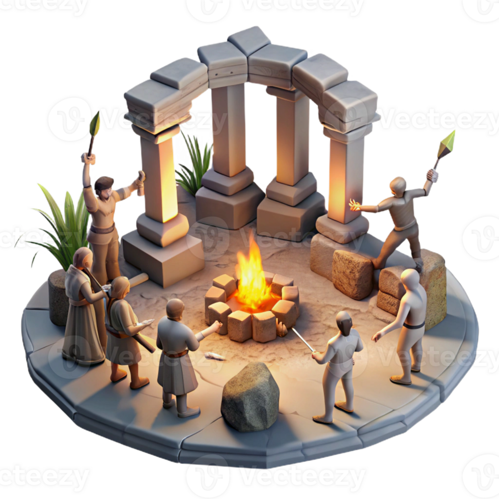 elegant rustic A group of survivors performing a ritual around a bonfire amidst a ruined temple. Mystical, firelight, post-apocalyptic tribalism 4K png
