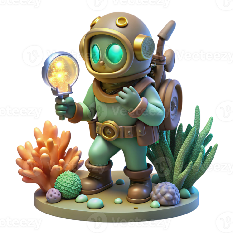 dramatic modern A steampunk diver exploring a coral reef, brass helmet illuminating bioluminescent flora and fauna, underwater lighting, fantasy art style genuine png