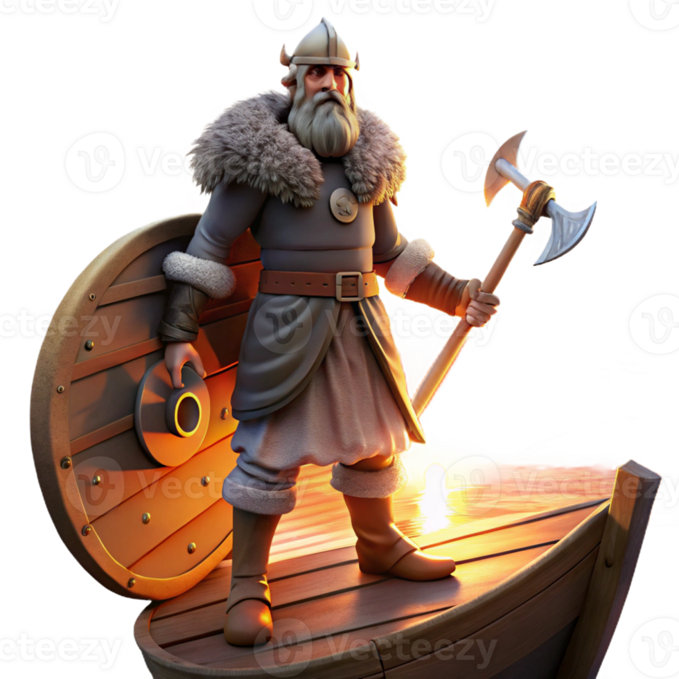 beautiful traditional A Viking warrior, clad in furs and wielding a battle-axe, stands on the prow of a longship, silhouetted against a fiery sunset. Epic, cinematic lighting authentic png
