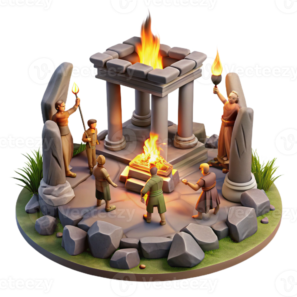 dramatic abstract A group of survivors performing a ritual around a bonfire amidst a ruined temple. Mystical, firelight, post-apocalyptic tribalism exclusive png