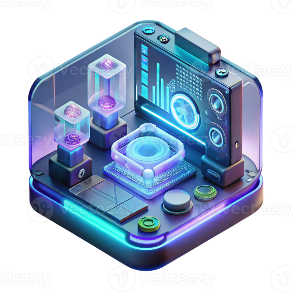 extraordinary creative A futuristic, holographic interface displaying complex data and schematics. Cool, neon lighting, cyberpunk style original png