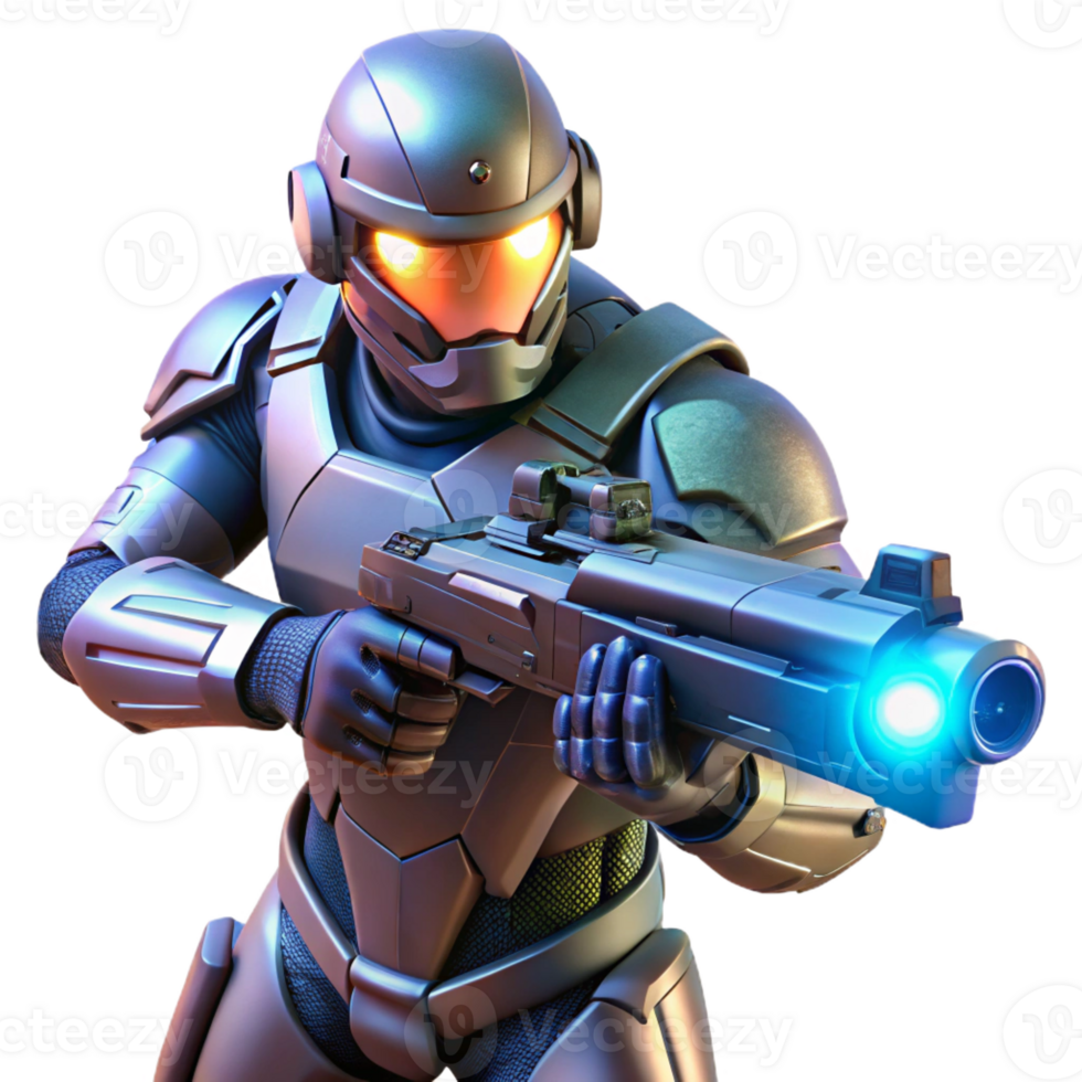 extraordinary minimalist A futuristic soldier wearing powered armor, aiming a plasma rifle. Dramatic, spotlight lighting. Military sci-fi style authentic png
