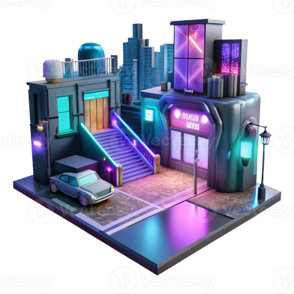 beautiful abstract Cyberpunk street scene, neon lights, holographic advertisements, gritty urban setting, digital art professional png