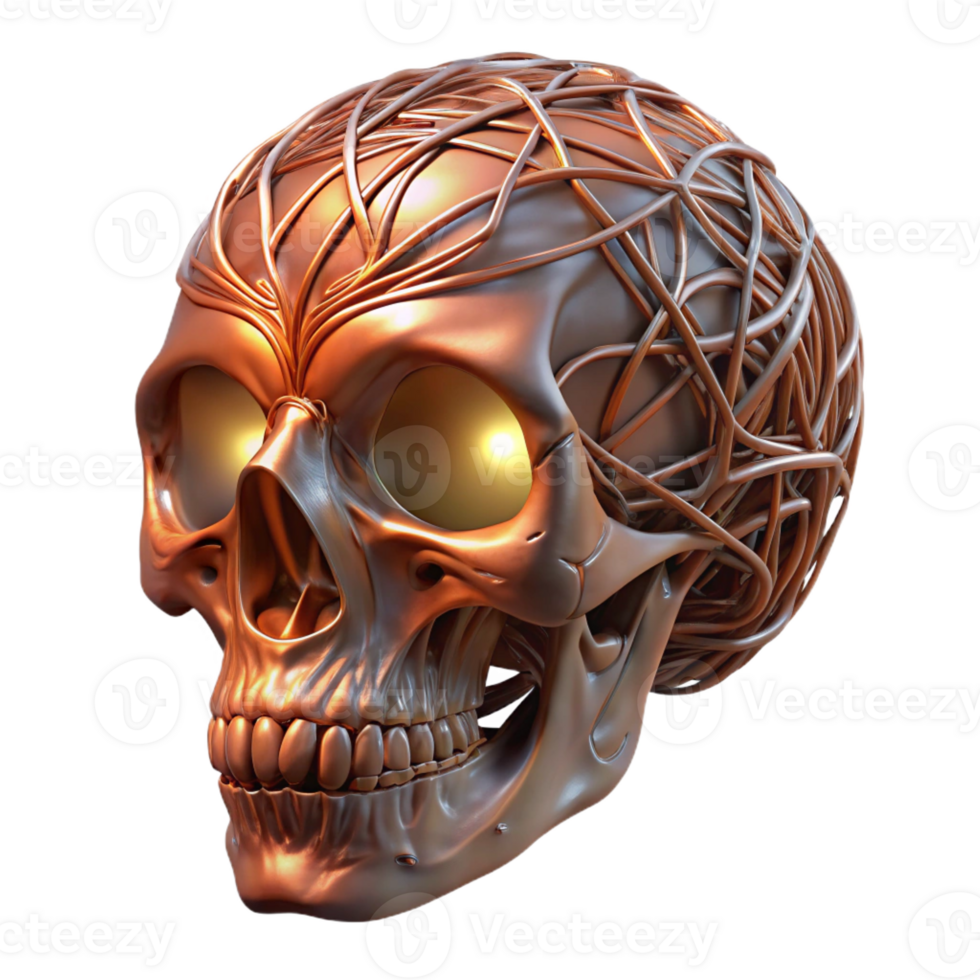 beautiful modern A human skull composed of interwoven vines and polished copper wires, illuminated by a single spotlight, dark fantasy style 4K png