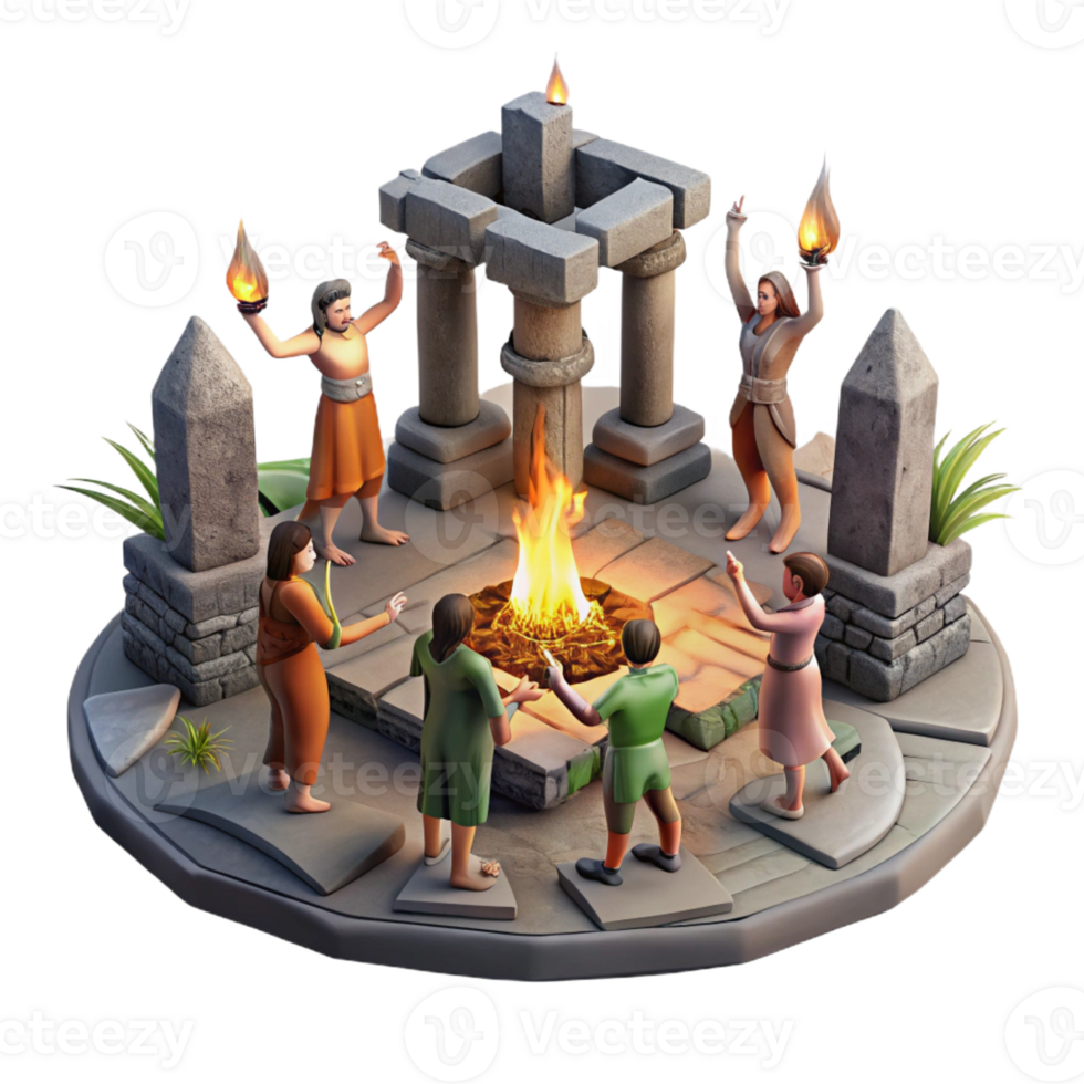 dramatic modern A group of survivors performing a ritual around a bonfire amidst a ruined temple. Mystical, firelight, post-apocalyptic tribalism original png