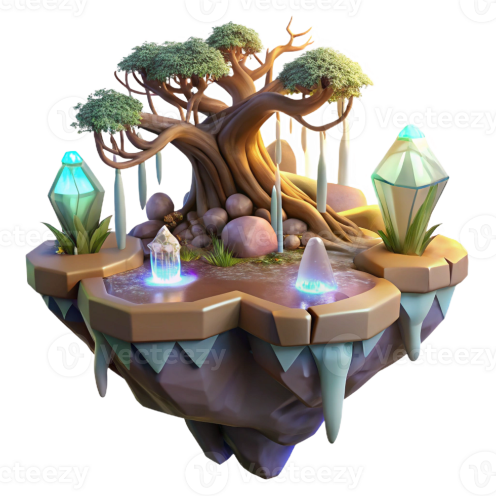 serene traditional A floating island made of intertwined tree roots, cascading waterfalls, and glowing crystals, lit by the warm glow of sunrise, Fantasy Art style high resolution png