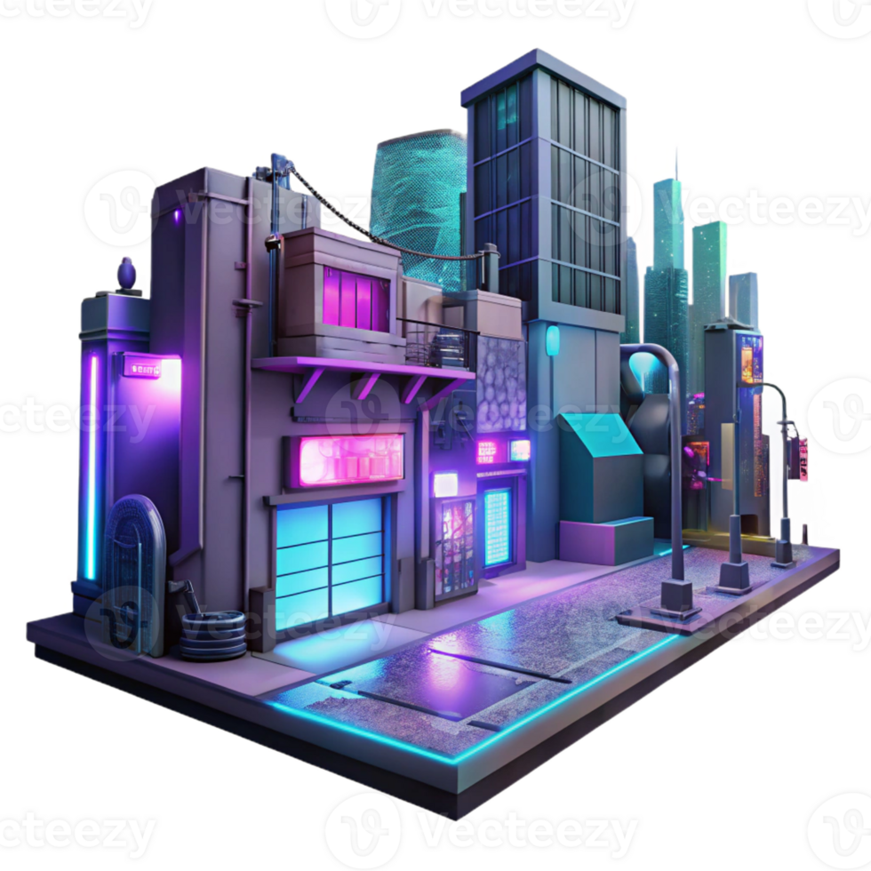 vibrant abstract Cyberpunk street scene, neon lights, holographic advertisements, gritty urban setting, digital art exclusive png
