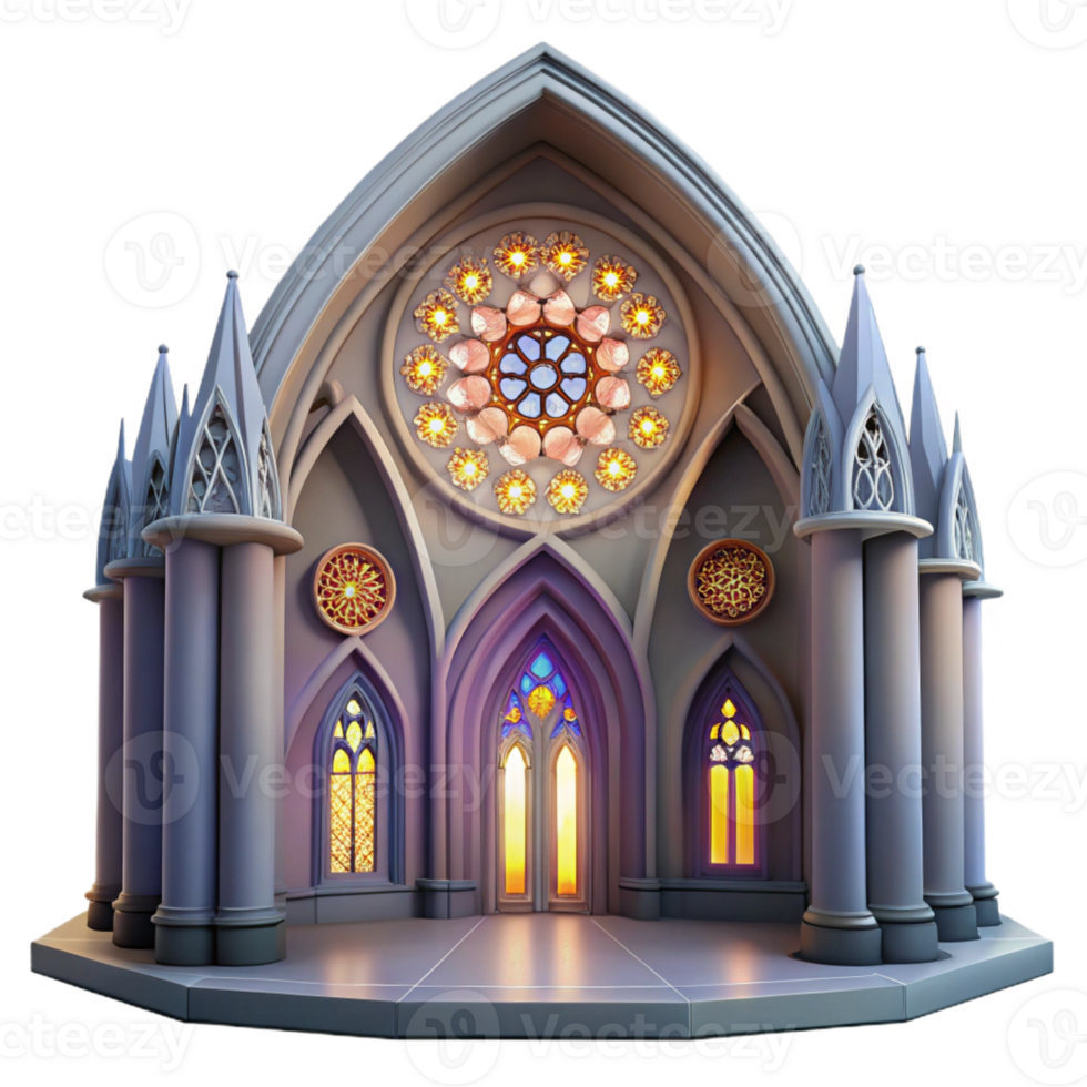 wonderful artistic Gothic cathedral interior, stained glass rose window, shafts of light, ethereal atmosphere, hyperrealistic rendering, high quality png