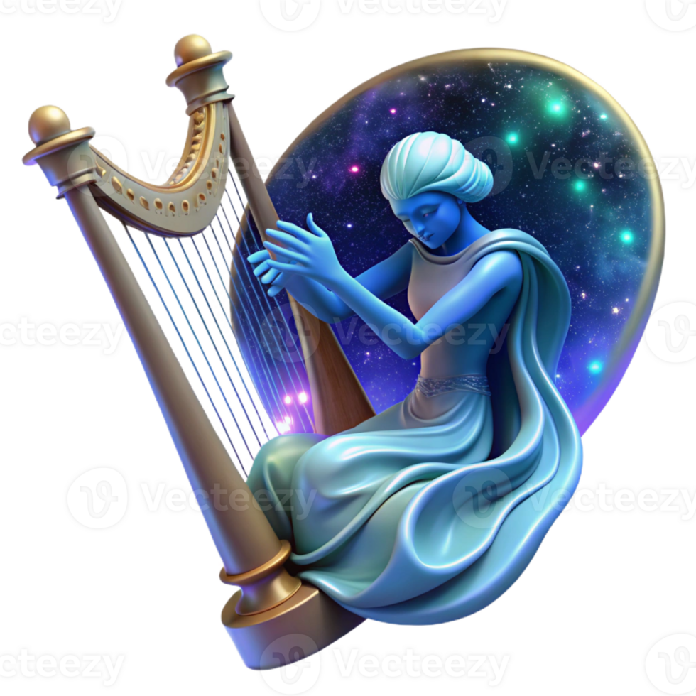 extraordinary classic A celestial being playing a cosmic harp, the music creating ripples in spacetime. Fantasy, ethereal style high quality png