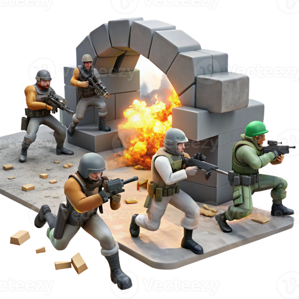 beautiful abstract A group of rebels fighting against heavily armed soldiers in a ruined marketplace, dynamic and action-packed, illuminated by explosions and muzzle flashes, high resolution png
