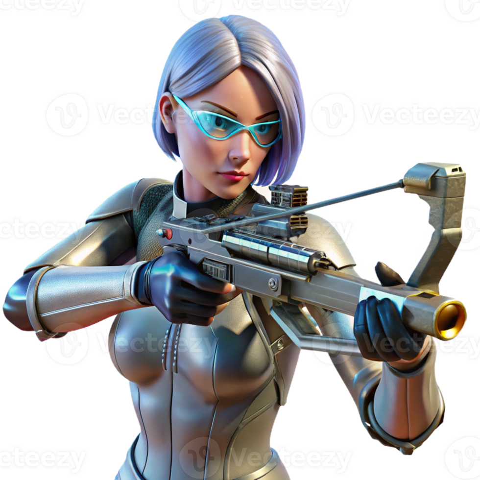 vibrant artistic A woman with cybernetic enhancements, aiming a futuristic crossbow at a unseen threat, amongst the rubble of a destroyed building. Gritty, cyberpunk style, dramatic lighting detailed png