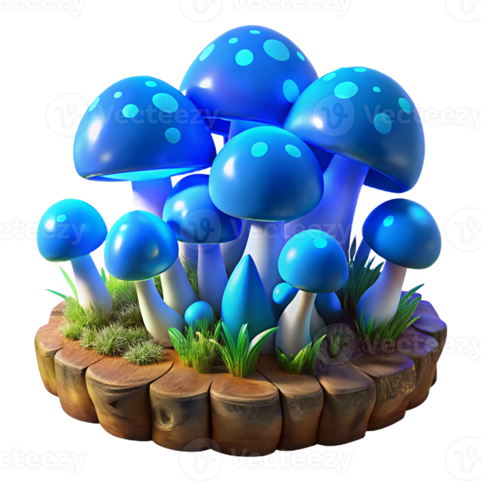 beautiful artistic A cluster of vibrant blue mushrooms, bioluminescent, growing on a moss-covered log in a dark forest, illuminated by their own glow. Fantasy art style premium png