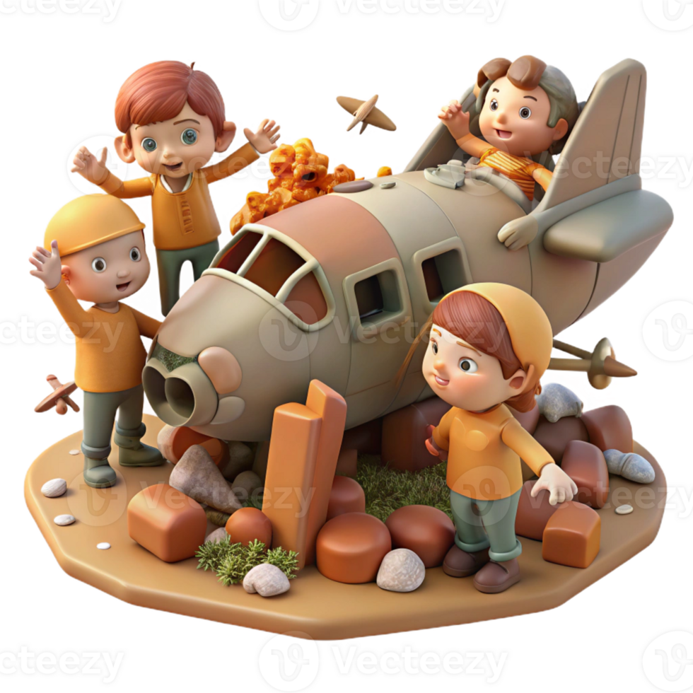 vibrant vintage A group of children playing amongst the rusted wreckage of a crashed airplane. Bittersweet, soft lighting, childhood innocence exclusive png