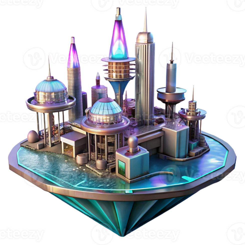 beautiful artistic A futuristic city built on stilts above water, neon lights, cyberpunk style high quality png