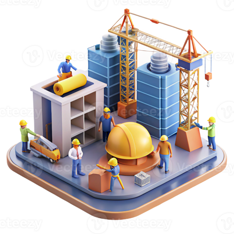 elegant modern Construction site with cranes and workers, dynamic composition, industrial style, bright daylight genuine png