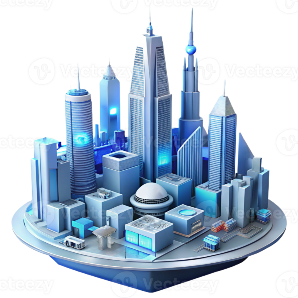 stunning traditional A futuristic cityscape with towering skyscrapers and flying vehicles, but devoid of human life, sterile and eerie, cool blue lighting detailed png