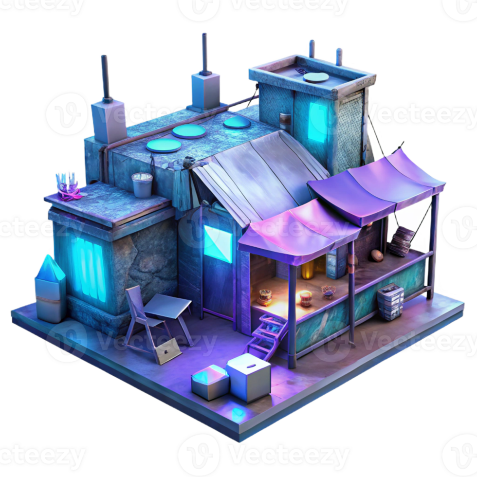extraordinary vintage A futuristic slum filled with makeshift shelters and holographic advertisements, illuminated by flickering neon signs, cyberpunk and gritty, 4K png