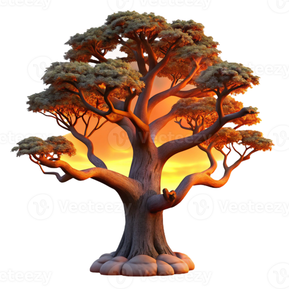 serene creative A gnarled, ancient oak tree silhouetted against a fiery sunset, its branches reaching towards the sky. Dramatic lighting, painterly style 4K png